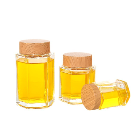 Hexagonal Glass Jar with Wood-Grain Lid