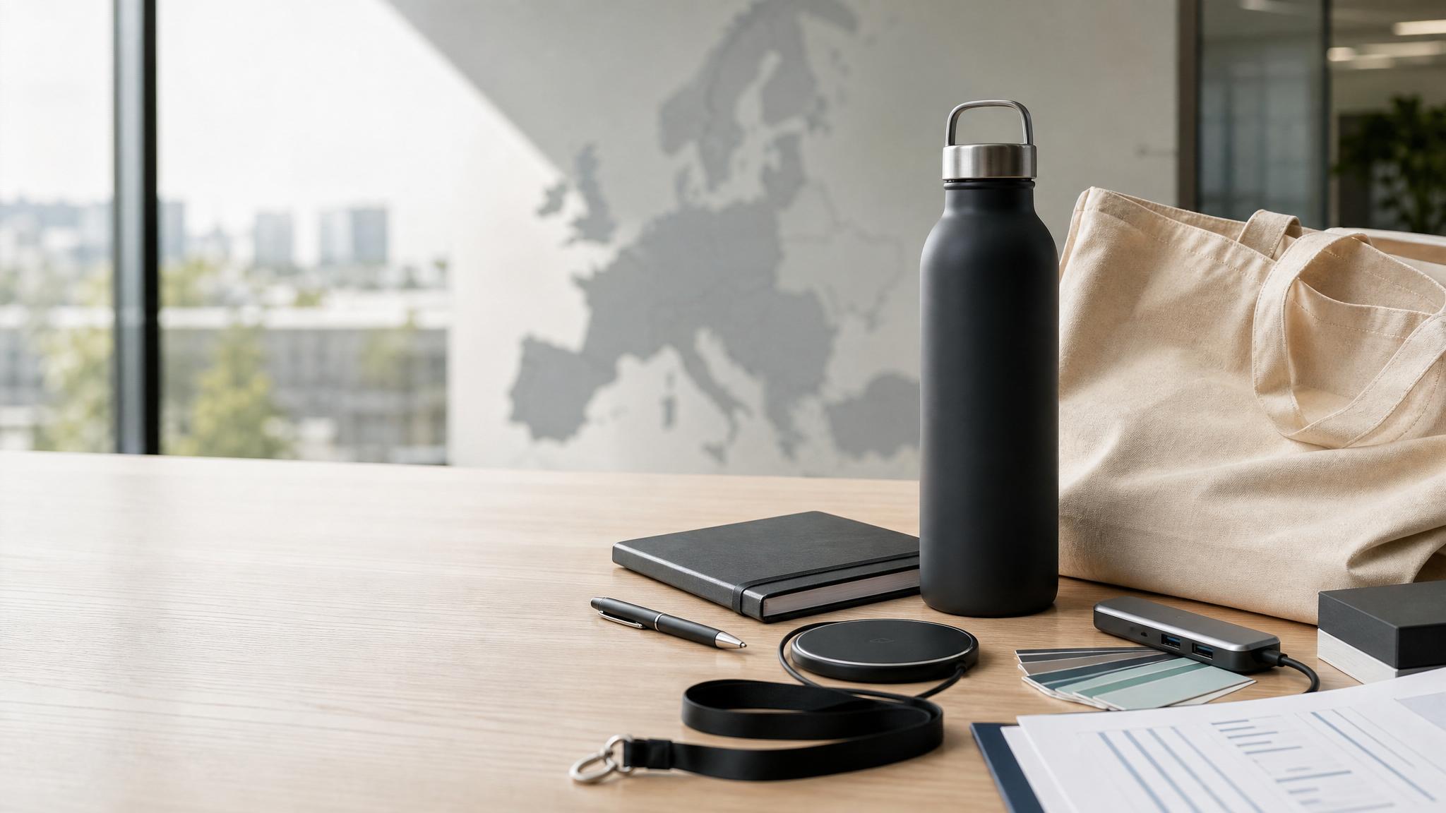 Promotional merchandise samples and sourcing documents for European procurement
